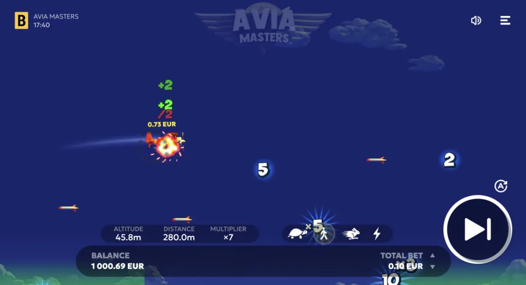 Avia Masters game: aircraft ascent and real-time odds